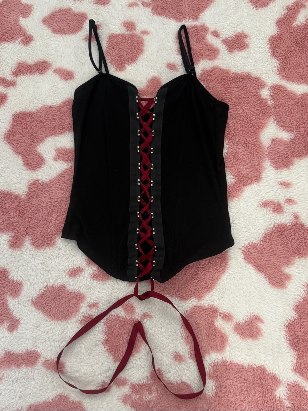 Y2K Black Corset Cami Top Small Goth Coquette Lace Up Bustier Red Ribbon Club